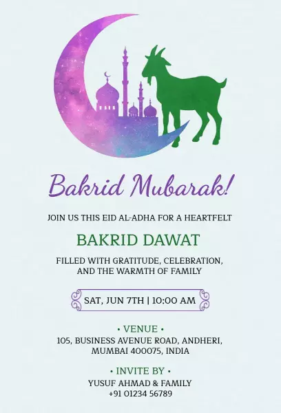 Heartfelt Bakrid Dawat Family Celebration Invitation Template