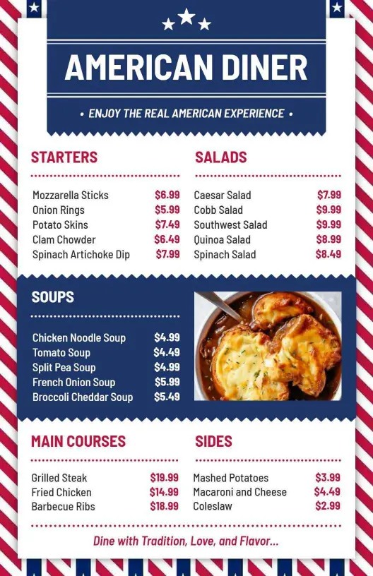 Hearty American Diner Favorites and Comfort Foods Dinner Menu Template