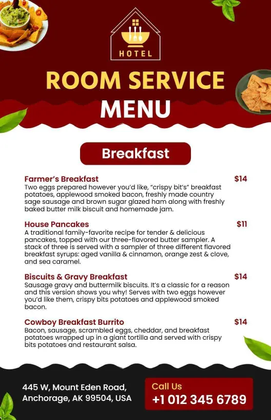 Hearty Breakfast and Satisfying Delights In Hotel Menu Template