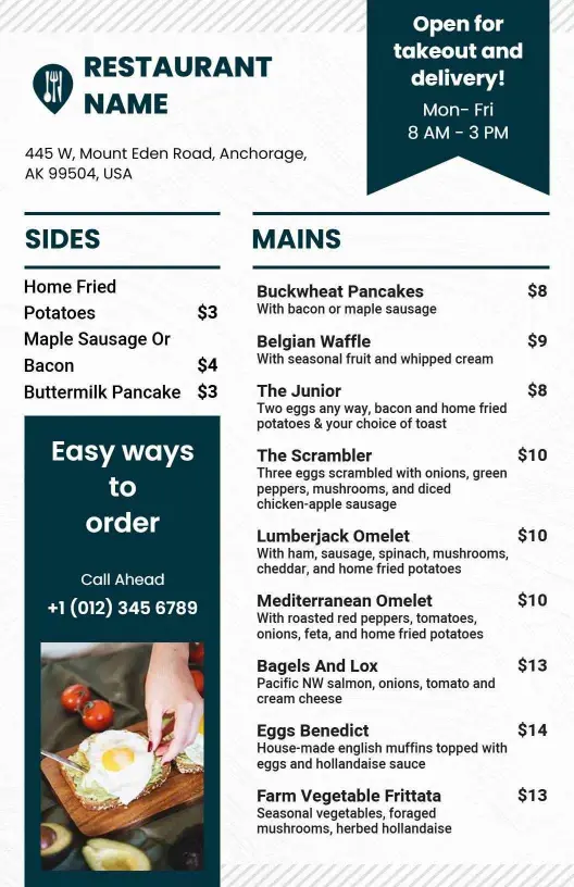 Hearty Breakfast Favorites Featuring Pancakes and Omelets Take-Out Menu Template