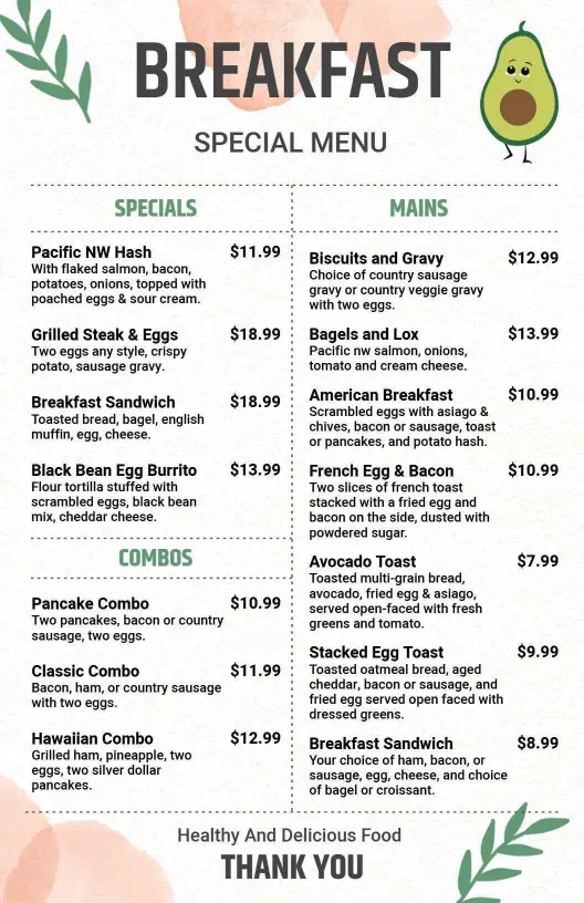 Hearty Breakfast Sandwiches and Satisfying Combos Breakfast Menu Template