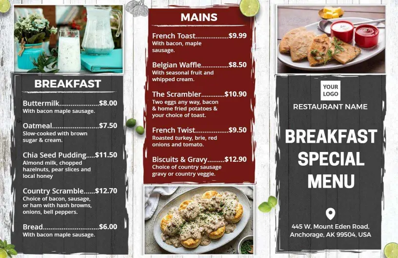 Hearty Breakfast Selections with Eggs and Comfort Foods Breakfast Menu Template