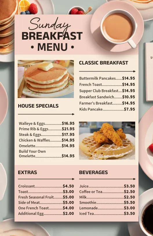 Hearty Breakfast Selections with Pancakes and Eggs Breakfast Menu Template