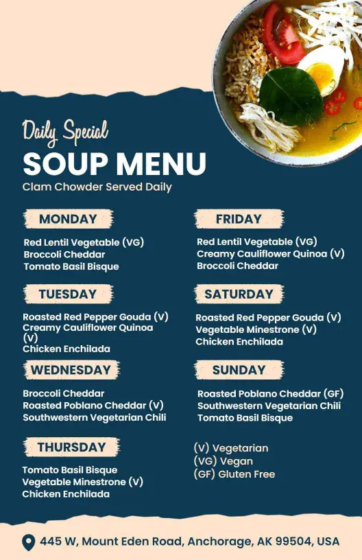 Hearty Broccoli, Cheddar, and Bisque Varieties Soup Menu Template