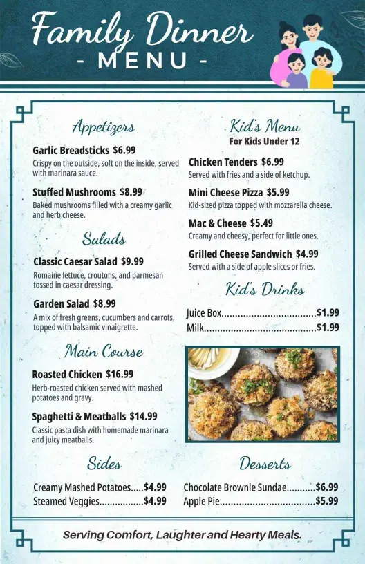 Hearty Family Favorites and Comfort Dishes Dinner Menu Template