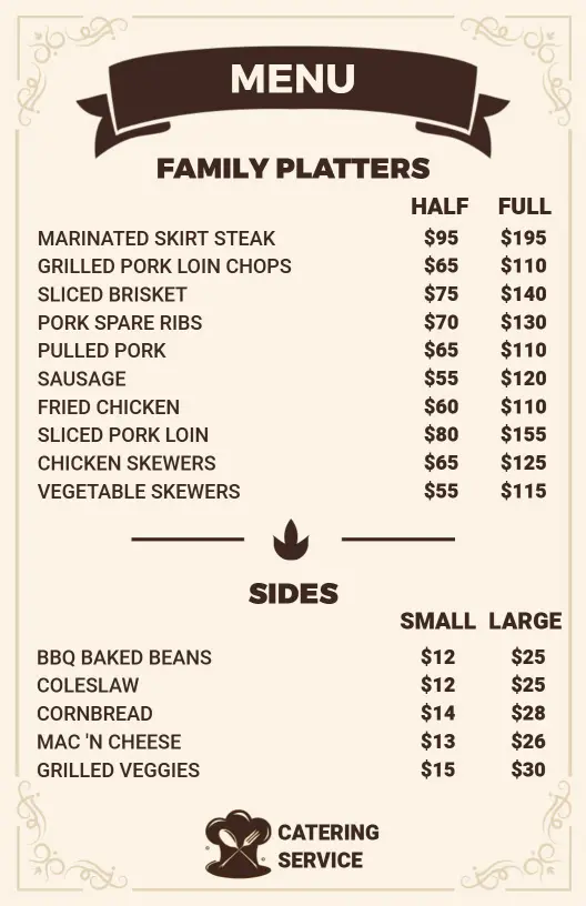 Hearty Family Platters and Satisfying Side Dishes Catering Menu Template