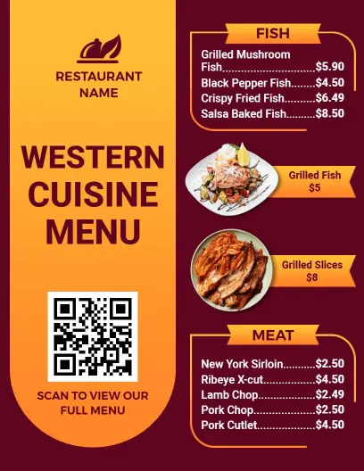 Hearty Fish and Meat Selections with Classic Side Dishes Western Menu Template