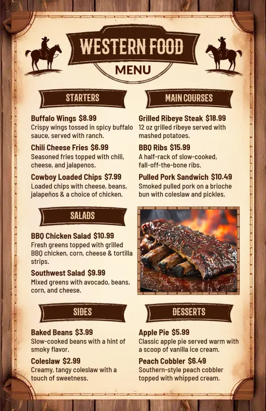 Hearty Grilled Ribs and Savory Sides Inspired Western Menu Template