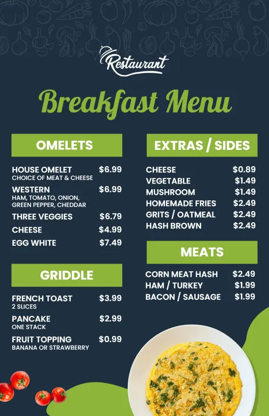 Hearty Omelets and Delicious Griddle Selections Breakfast Menu Template