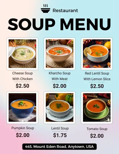 Hearty Selection of Flavorful Soups and Broths Soup Menu Template