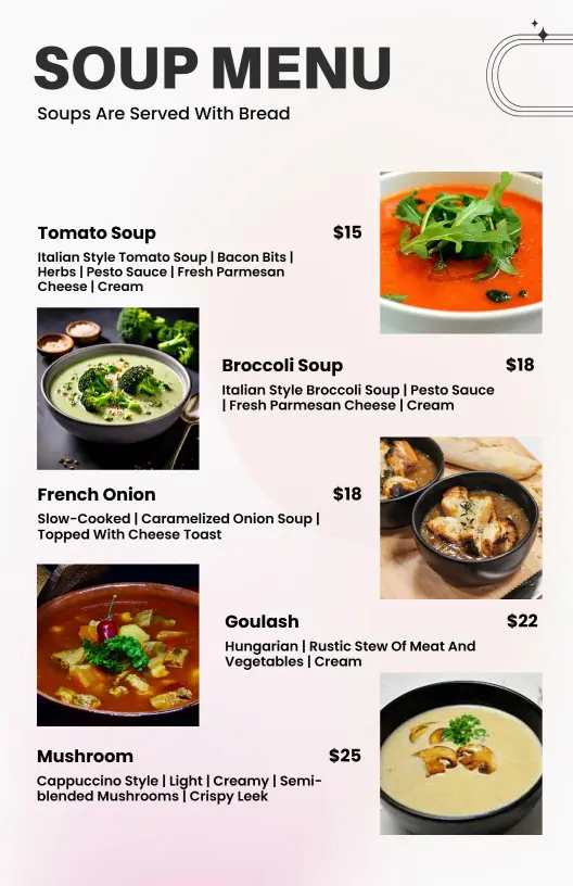 Hearty Tomato and Broccoli Soups with Flavorful Options Soup Menu Template