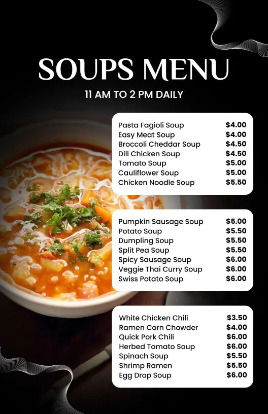 Hearty Varieties of Creamy and Flavorful Bowls Soup Menu Template
