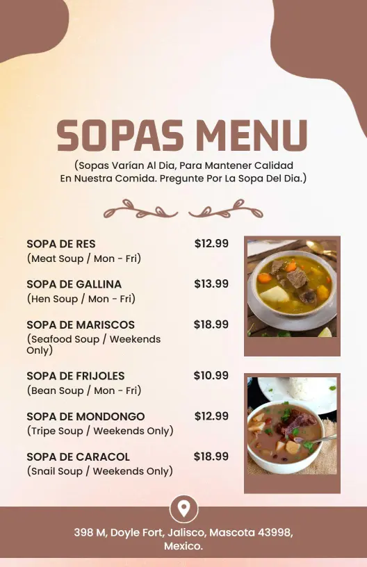 Hearty Variety of Delicious Soups Featuring Seasonal Specials Soup Menu Template