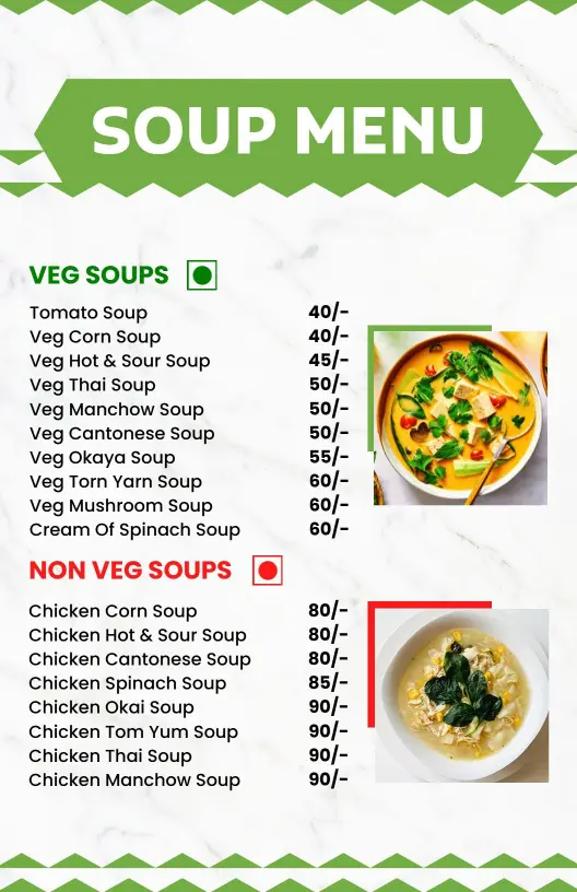 Hearty Veg and Non-Veg Soup Selections with Diverse Flavors Soup Menu Template
