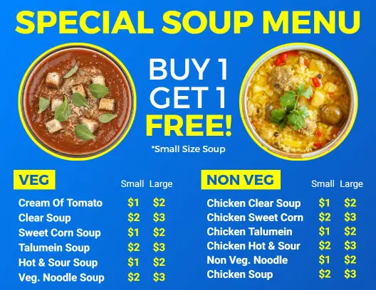 Hearty Vegetable and Chicken Soups with Special Offers Soup Menu Template