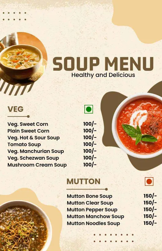 Hearty Vegetarian and Mutton Soups for Every Taste Soup Menu Template