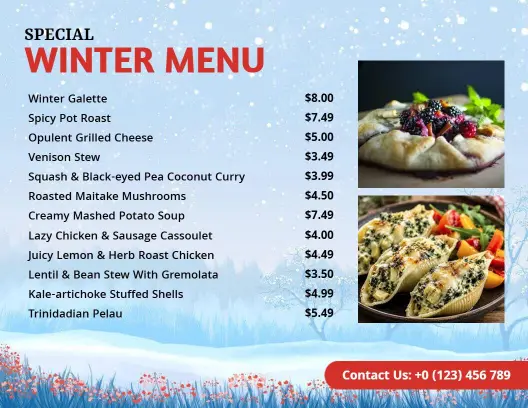 Hearty Winter Favorites with Cozy Dishes and Soups Seasonal Menu Template