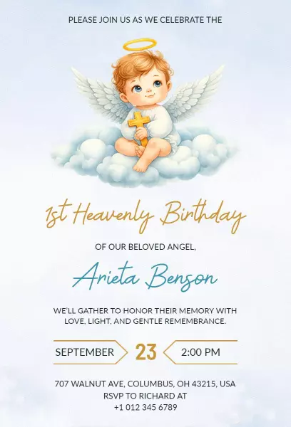 Heavenly Angel First Birthday Celebration Invitation Template