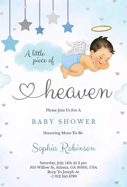 Heavenly Cherub Blue Baby Shower Celebration Invitation Template