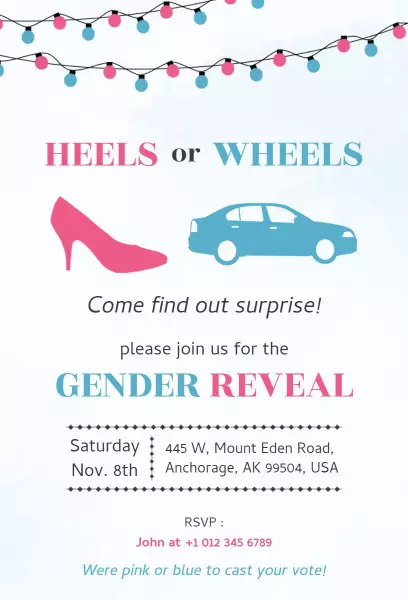 Heels or Wheels Fun Gender Reveal Celebration Invitation Template