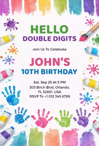 Hello Double Digits Colorful 10th Birthday Invitation Template