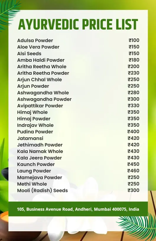 Herbal Powders and Seeds Selection on Ayurvedic Price List Template
