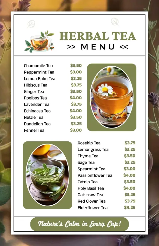 Herbal Tea Selections Featuring Unique Blends and Flavors Tea Menu Template