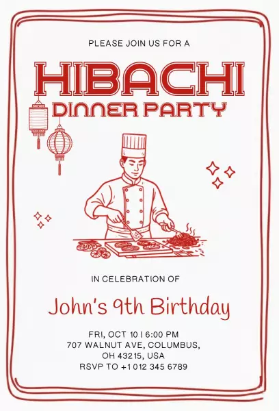 Hibachi Dinner Party Celebration 9th Birthday Invitation Template