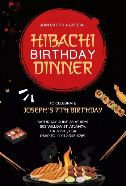 Hibachi Themed Dinner 7th Birthday Celebration Invitation Template