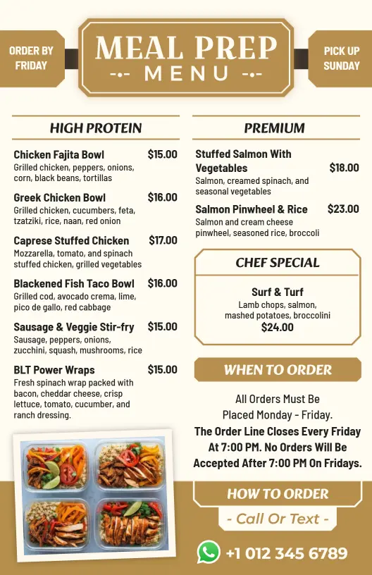 High Protein and Premium Grilled Selections Meal Prep Menu Template