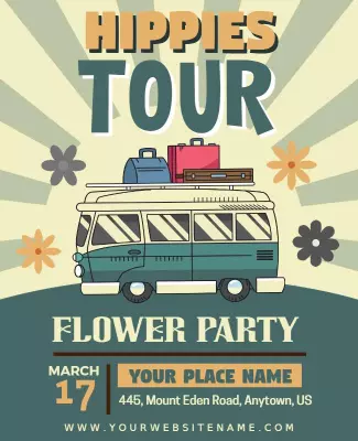 Retro Colorful Hippie Flower Party Tour Flyer Template