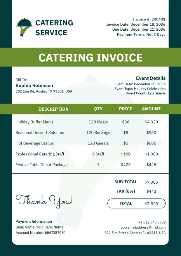 Holiday Event Catering Service Invoice Template