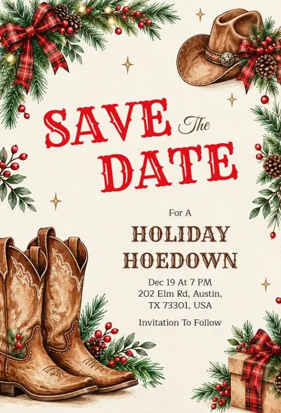 Holiday Hoedown Save the Date Invitation Template