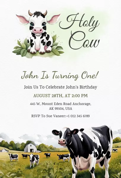 Holy Cow Cute Farm Theme 1st Birthday Celebration Invitation Template