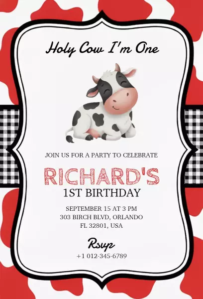Holy Cow Farmyard Theme 1st Birthday Celebration Invitation Template