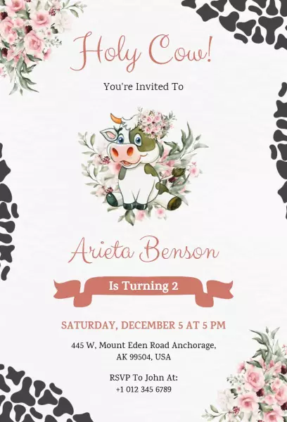 Holy Cow Fun Farm Animal 2nd Birthday Celebration Invitation Template