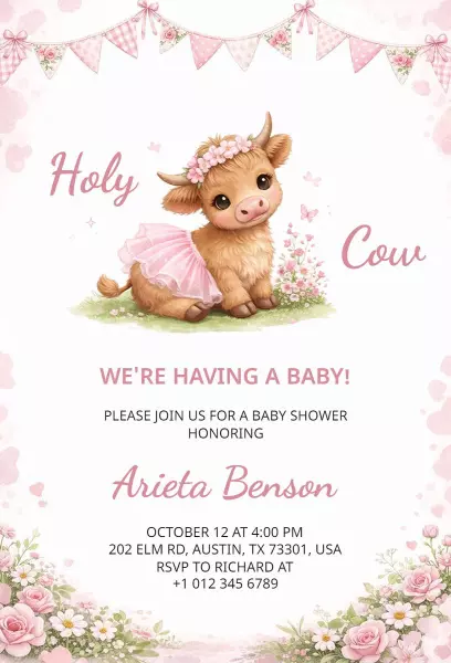 Holy Cow Theme Pink Floral Baby Shower Invitation Template