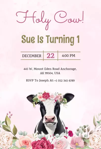 Holy Cow Themed 1st Birthday Celebration Invitation Template