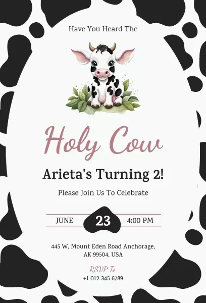 Holy Cow Themed 2nd Birthday Celebration Invitation Template