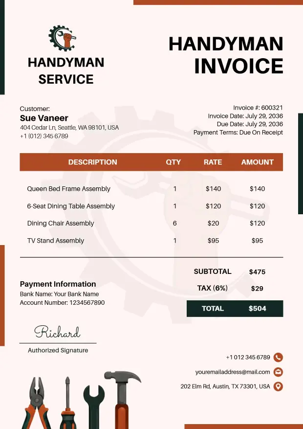 Home Furniture Repair and Handyman Service Billing Invoice Template