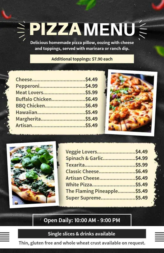 Homemade Cheese and Topping Delights for Everyone Pizza Menu Template