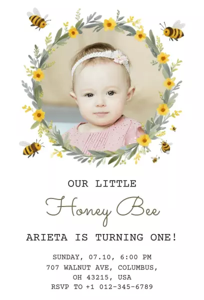 Honey Bee One-Year-Old Birthday Celebration Photo Invitation Template