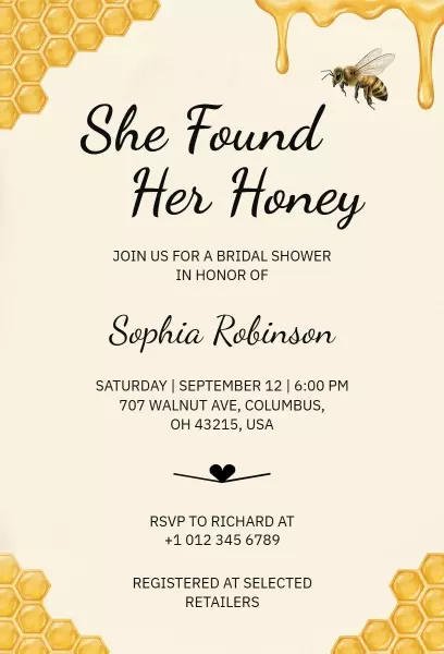 Honey Bee Themed Elegant Bridal Shower Invitation Template