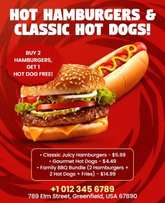 Hot Hamburgers and Classic Hot Dogs Promotion Flyer Template