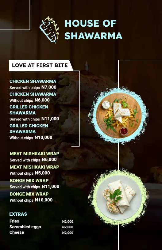 House Special Grilled and Classic Wrap Options Shawarma Menu Template