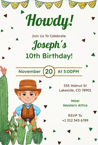 Howdy Cowboy Theme Fun 10th Birthday Celebration Invitation Template