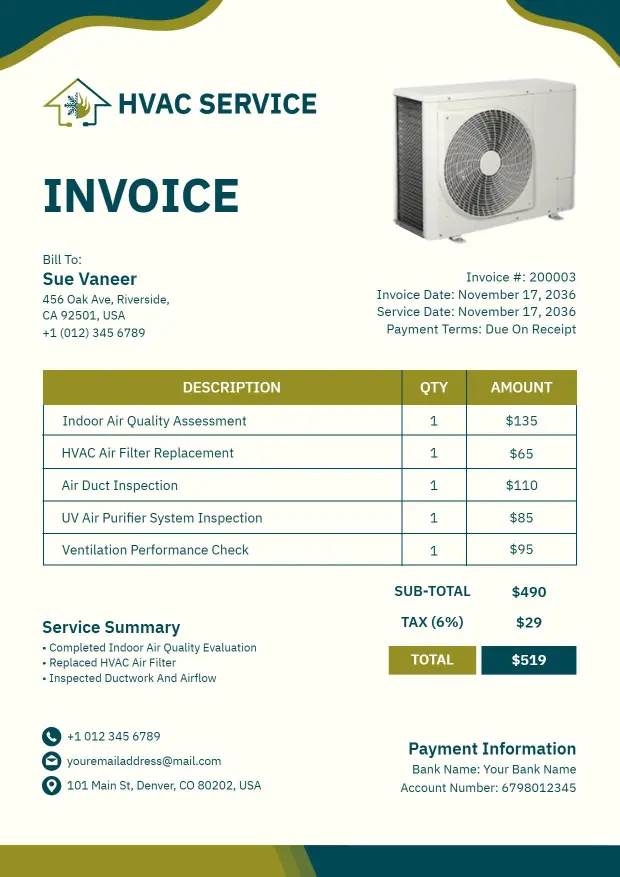 HVAC Service and Equipment Maintenance Charges Invoice Template