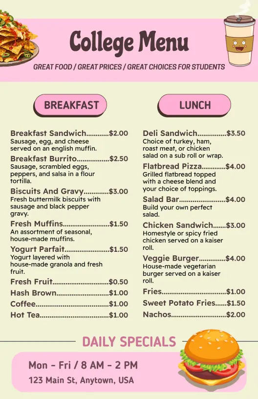 Illustrated Casual Dining College Canteen Daily Specials Menu Template
