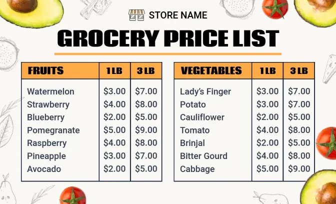 Illustrated Fruits and Vegetables Grocery Price List Template