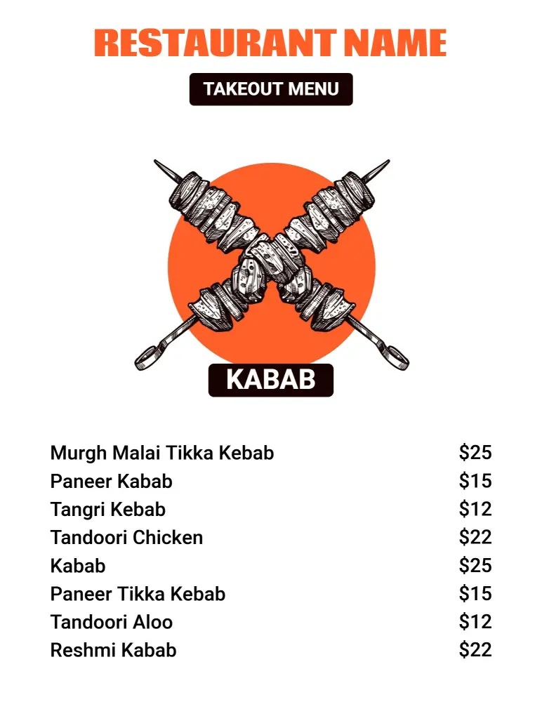 Illustrated Orange and Black Kabab Takeout Menu Template
